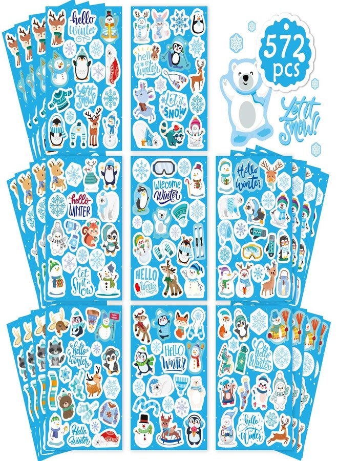 DUJAA 576 Pcs Winter Stickers for Kids, Winter Holiday Stickers with Snowflake Penguin Snowman Polar Bear, Hello Winter Themed Stickers Envelopes Christmas Party Classroom Decor - Image 1